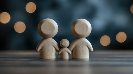 Three wooden figures representing a family share a moment of connection on a tabletop with blurred lights