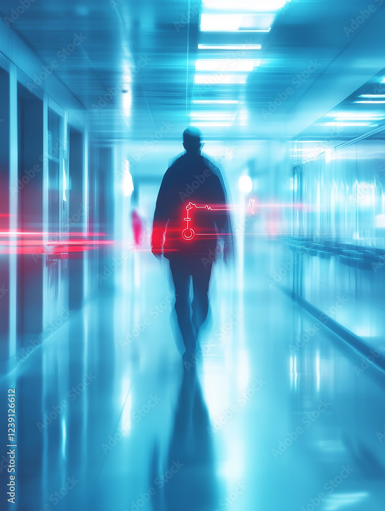 Poster slow-motion shot captures a mysterious figure walking through a futuristic corridor illuminated with