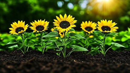 Sunlit sunflowers in field, growth, nature
