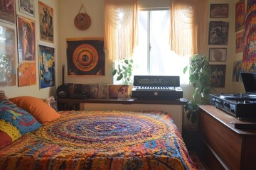 Bohemian style bedroom decorated with posters and musical instruments showing a hippie lifestyle