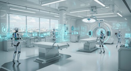 Fototapeta premium Future of Medicine: A futuristic operating room filled with advanced technology and robot assistants, showcasing innovation and progress in healthcare