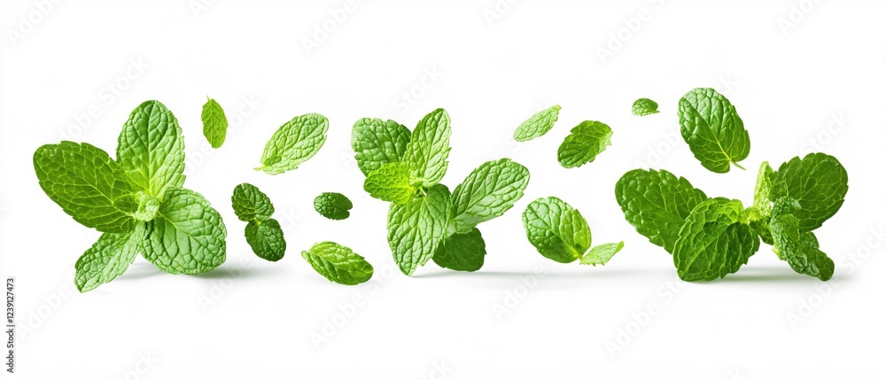Poster fresh mint leaves floating in a row against a clean white background creating a vibrant pattern