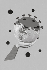 Collage artwork graphics picture of arm holding corona virus spreading planet isolated painting...