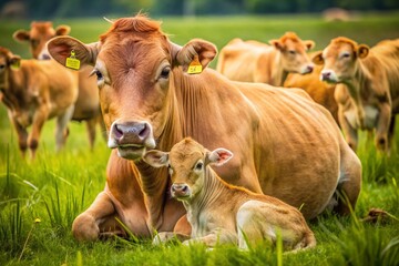 Fototapeta premium Newborn Calf and Mother Cow Amidst the Herd