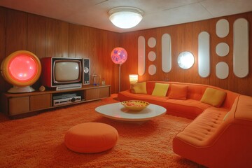 Kitsch orange living room with vintage tv and furniture representing the seventies interior design style