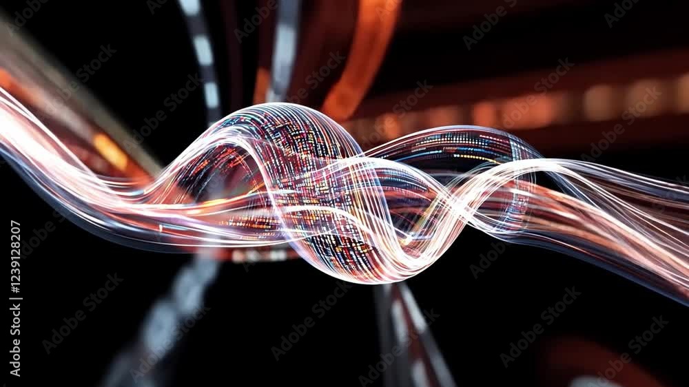 Poster visual representation of digital data flow in vibrant colors with smooth wave patterns