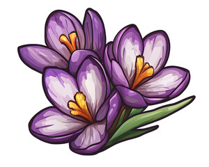 Fototapeta premium A vibrant illustration of purple crocus flowers with bright orange stamens. Perfect for botanical themes, spring designs, and floral decorations.
