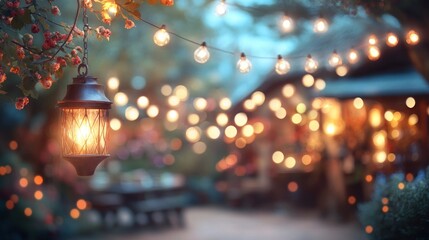 Soft light from lanterns and strings enhances a cozy gathering area adorned with blooming flowers