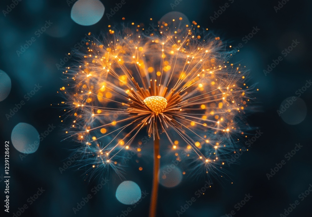 Poster ethereal dandelion wonder glowing in darkness with sparkling lights and dreamy bokeh background capt