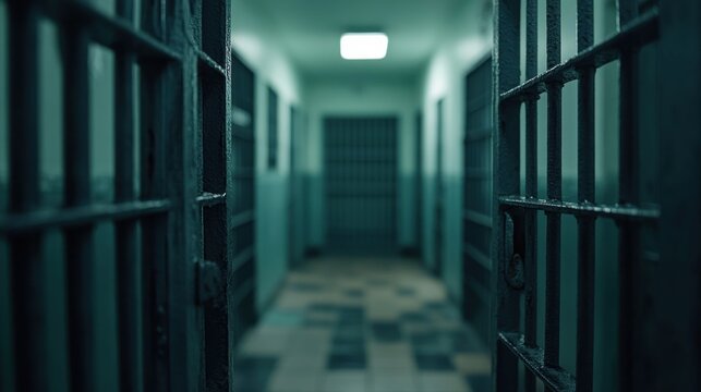 A haunting prison corridor with open cell doors leading into a dimly lit area