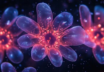 Obraz premium Ethereal Flower Blossom in Vibrant Colors with Glowing Particles and Digital Effects for Abstract Artistic Backgrounds