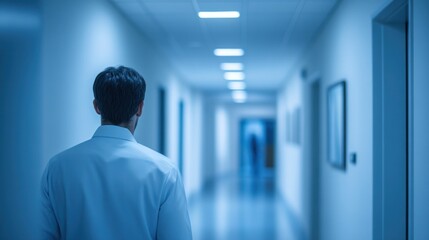Fototapeta premium A man in a white coat walks through a quiet hospital hallway at night, illumination from overhead lights