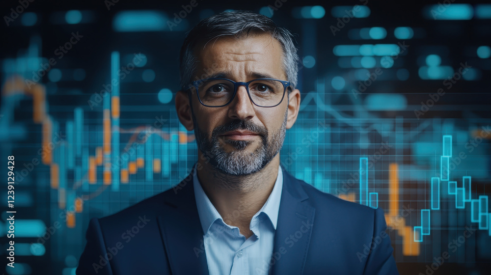 Aufkleber professional man with glasses in front of data visualization background