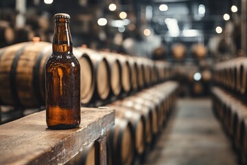 Cold beer bottle resting on wooden shelf in brewery warehouse
