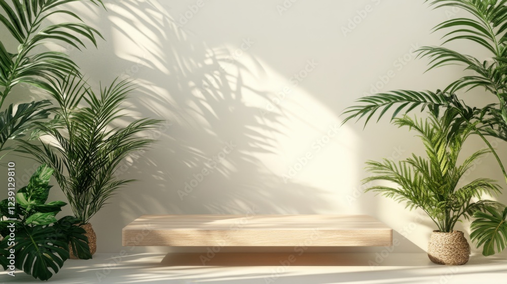 Aufkleber A polished wooden podium stands ready for a presentation, illuminated by soft light. Tropical plants frame the setup, embodying a refreshing spring atmosphere suitable for an AI-related gathering.