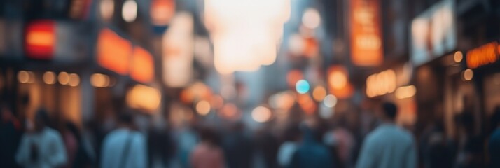 Crowds bustle along a lively city street as colorful lights glow in the evening twilight