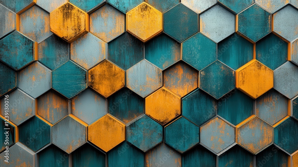 Poster abstract hexagonal pattern with vibrant orange and teal tones