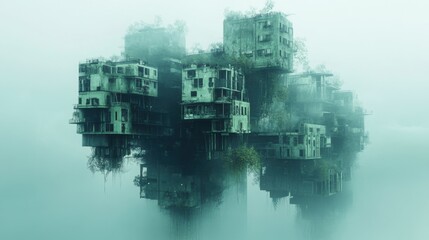 Obraz premium Surreal overgrown floating buildings in misty foggy landscape with vegetation