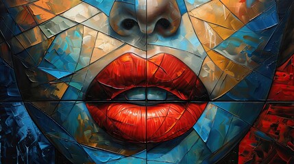 A bold and colorful mosaic-style artwork featuring a close-up of red lips and part of a face, created with geometric shapes and vibrant textures.  
