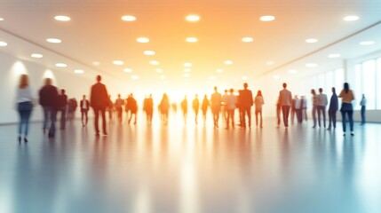 Fototapeta premium Groups of people are moving toward a warm light in a large, modern hall with a bright atmosphere