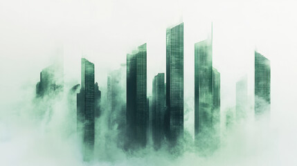 Fototapeta premium In this digital artwork, a striking skyline features tall skyscrapers shrouded in mist. The city awakens as dawn breaks, casting an ethereal glow over the architecture and landscape