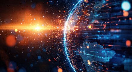 A digital globe showcases dynamic data streams and glowing points of connection, set against a captivating cosmic backdrop filled with vibrant colors and light bursts