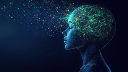 A captivating digital artwork depicts a human silhouette with a radiant AI brain filled with colorful neural connections
