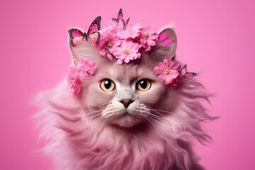 Adorable cat with pink flowers and butterflies on head. Cute fluffy feline portrait on pink background. Spring pet photography for greeting cards, social media, or animal care ads.