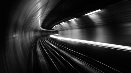 futuristic tunnel with light trails curving along the tracks, giving a sense of speed and movement. The black and white aesthetic enhances the modern, high-tech, and abstract feel of the scene