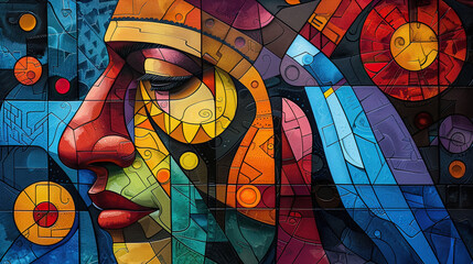 A striking mosaic-style artwork of a warrior wearing a colorful feathered headdress, featuring intricate geometric patterns and rich textures.  
