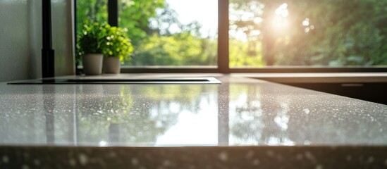 Naklejka premium Modern Kitchen Countertop with Sunlit Window View