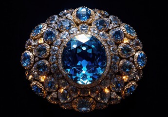 Exquisite Blue Gem Brooch with Radiant Crystals and Intricate Golden Details on Black Background