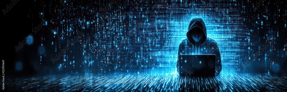 Aufkleber hacker silhouette in cyberpunk scene with binary code and glowing laptop screen