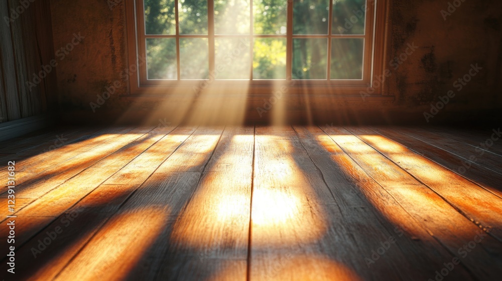 Poster sunlit wooden floor with soft light streaming through a large window in a serene room
