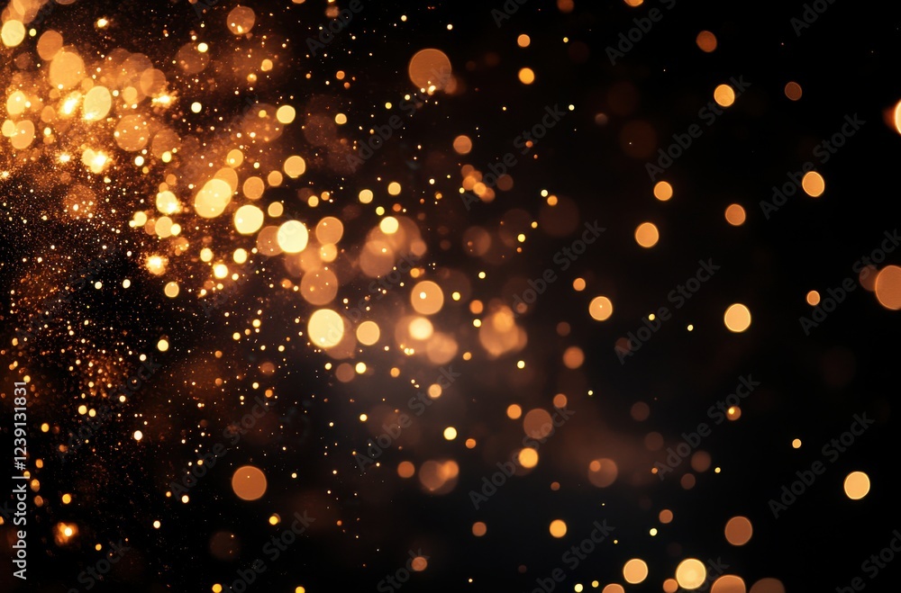 Poster golden bokeh light particles with sparkling effect on dark background for festive celebrations and v