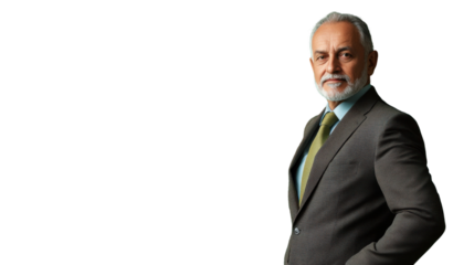 Confident senior businessman posing with hand in pocket on transparent background