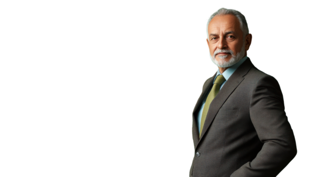 Confident senior businessman posing with hand in pocket on transparent background