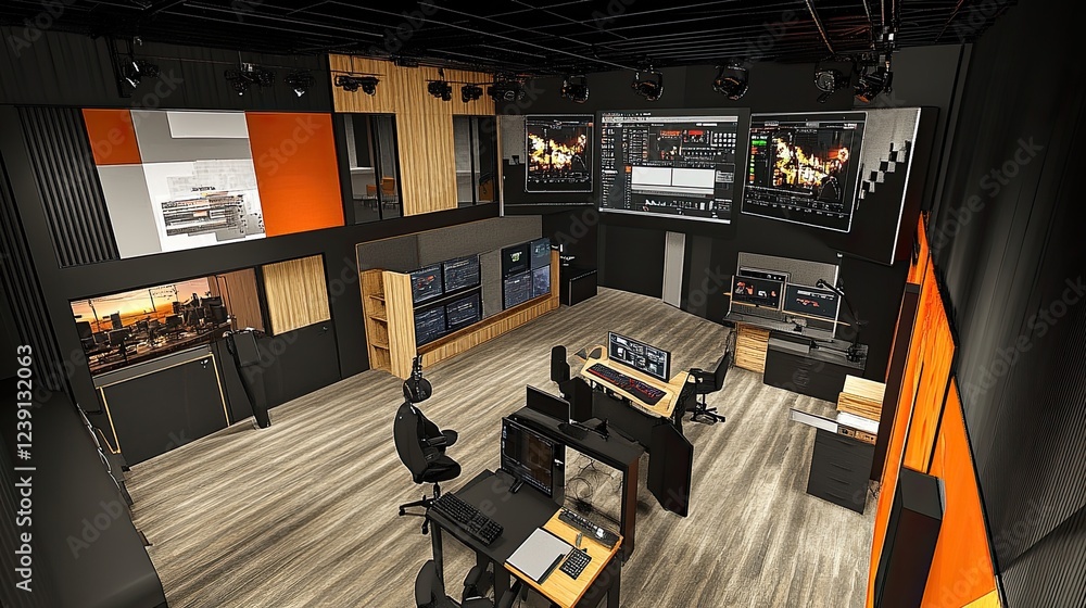 Poster modern broadcasting control room design with multiple monitors