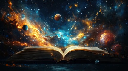 Open book revealing cosmic universe with planets and stars in mystical space setting