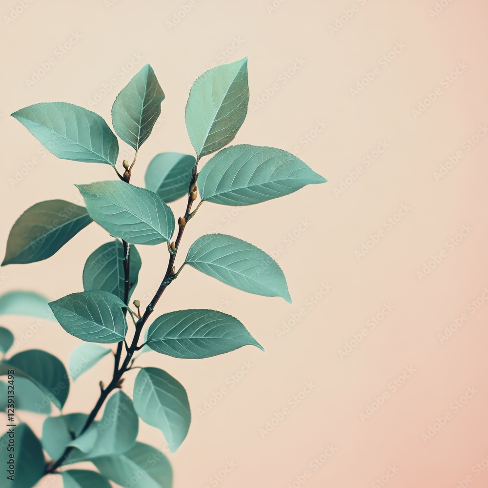 Aufkleber branch with soft green leaves against a light peach background creating a gentle natural scene