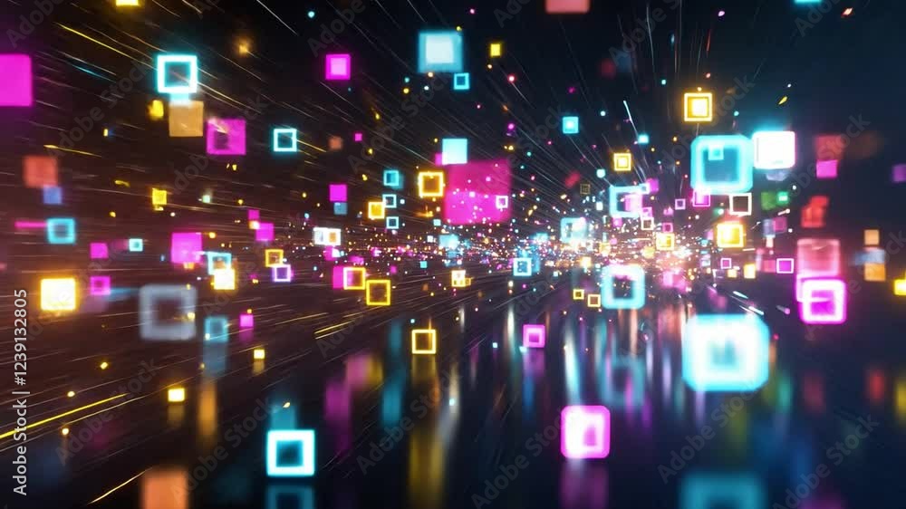Poster vibrant digital particles moving through space in an abstract light display
