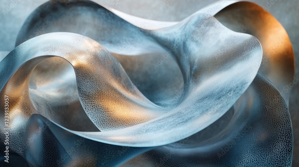Poster abstract metallic sculpture with flowing curves and textured surface in soft light