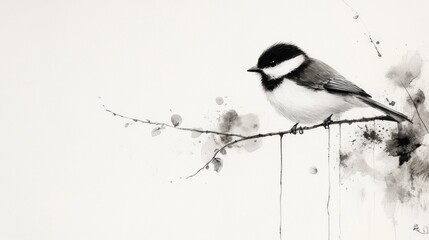 Bird perched on branch, minimalist art, white background, nature scene, calm