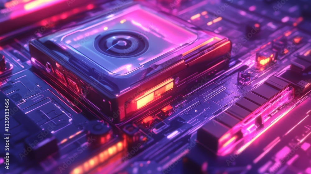 Poster futuristic neon circuit board with microchip technology and glowing elements