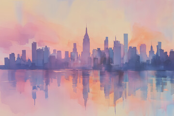 Pastel cityscape of new york city reflecting on water