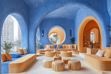 Serene Blue Orange Lounge Interior Design With Wooden Furnishings