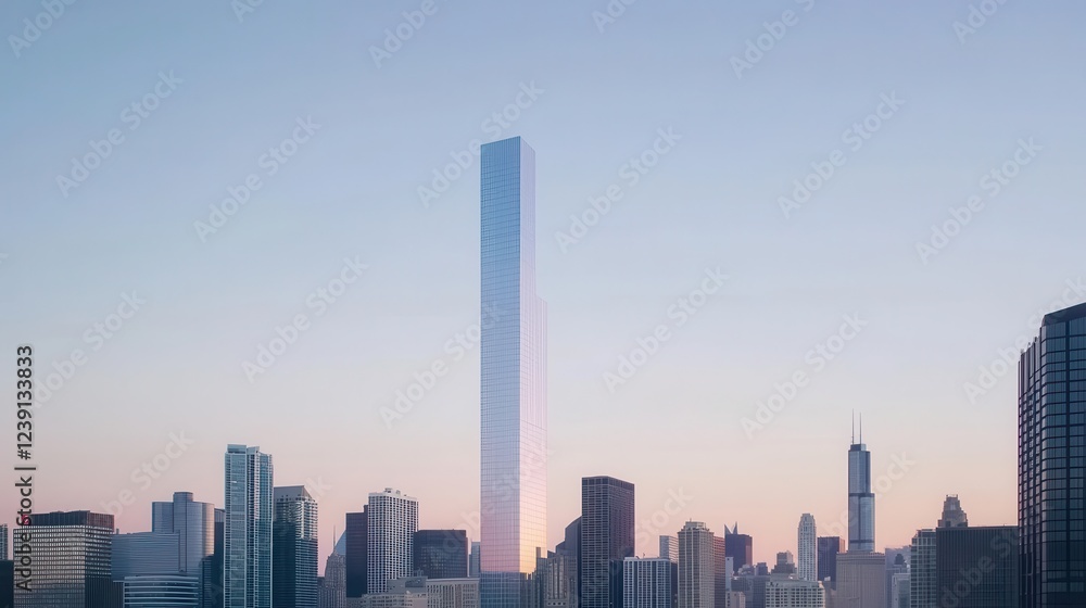 Poster modern skyscraper at sharp angle reflecting sky in urban cityscape with unique architectural design