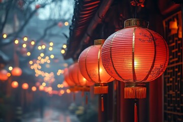 Illuminated Red Lanterns Adorn a Festive Asian Street