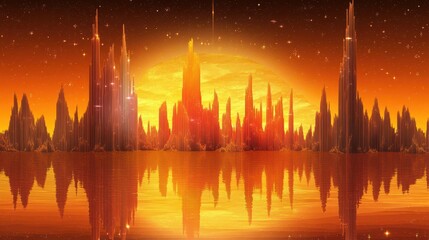 Fototapeta premium Alien Cityscape Reflected In Orange Water Under A Giant Star
