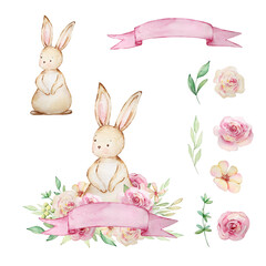 Watercolor Easter Rabbit with ribbon banner and spring flowers